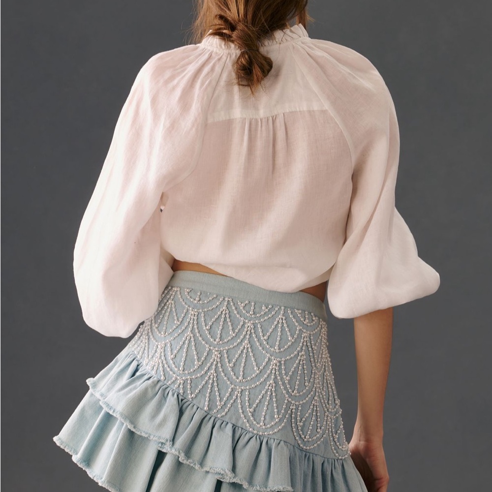 LoveShackFancy light blue denim Embellished A-Line Mini Skirt - Picture 2 of 8